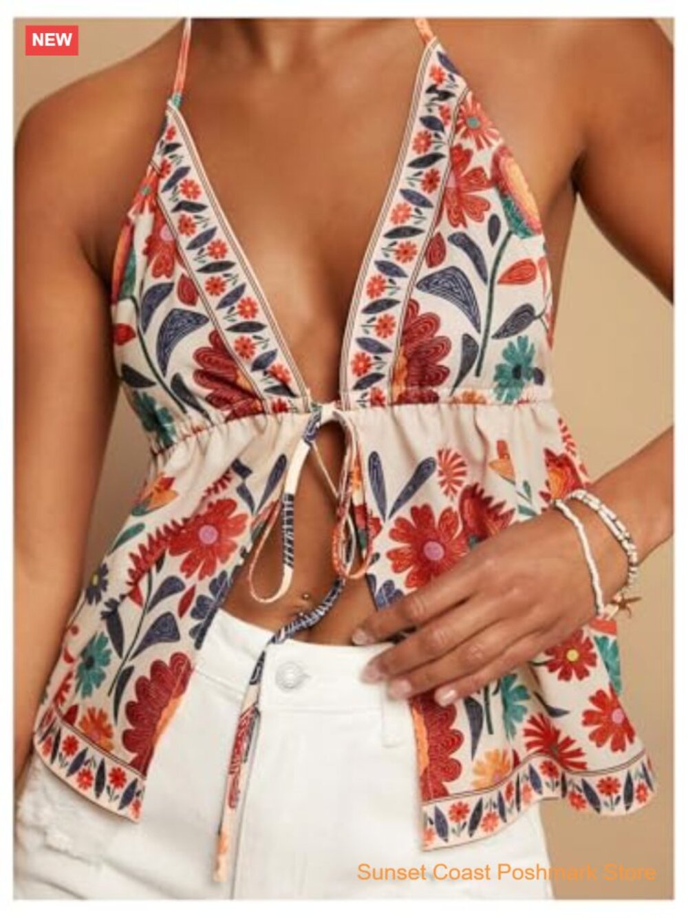 Tropical Halter Tank Top Tie Backless Boho Camisole Crop Top - Picture 5 of 6